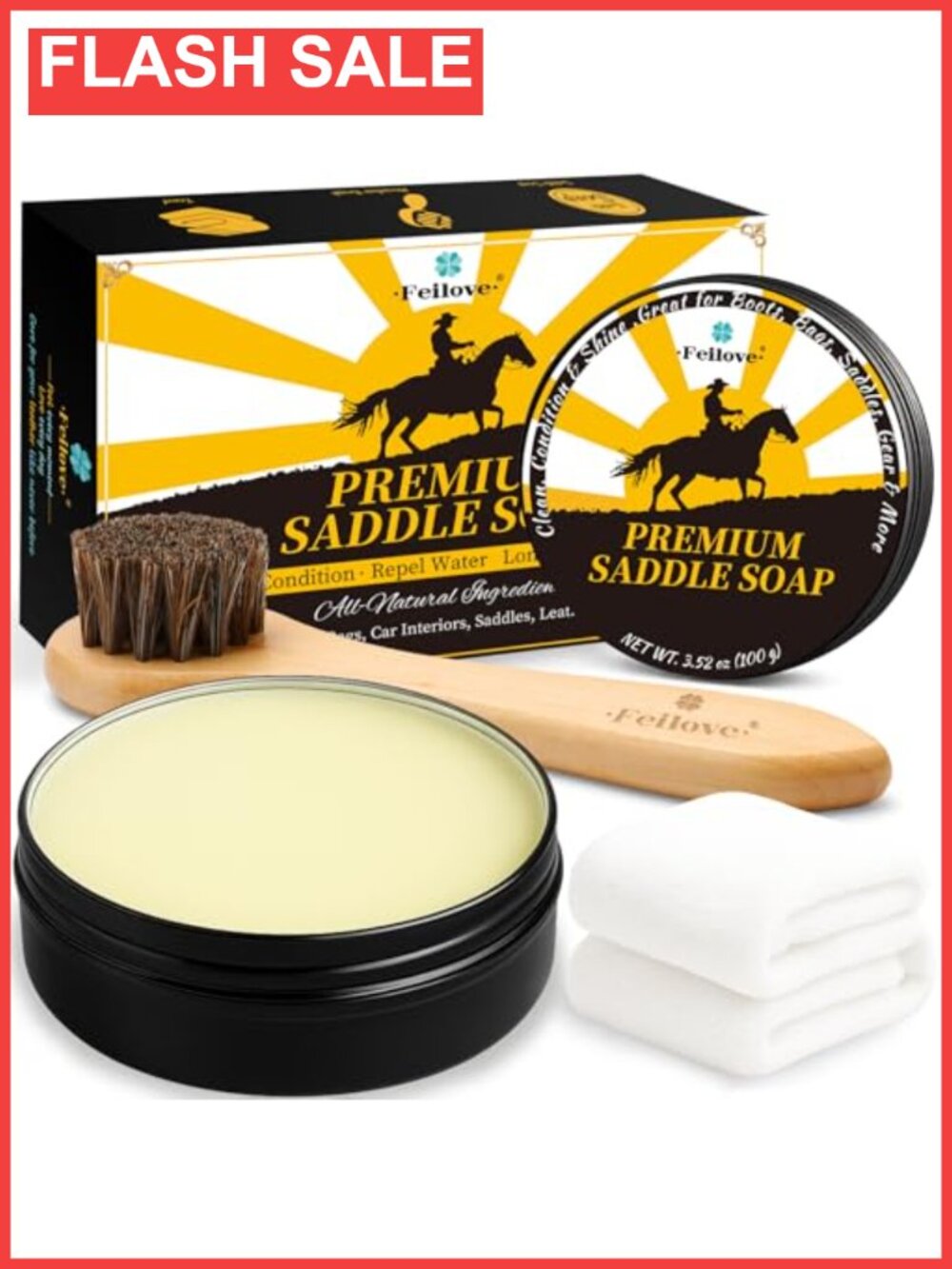 Saddle Soap Leather Cleaner Conditioner 3-in-1 Kit Horsehair Brush Cloth 3.52oz